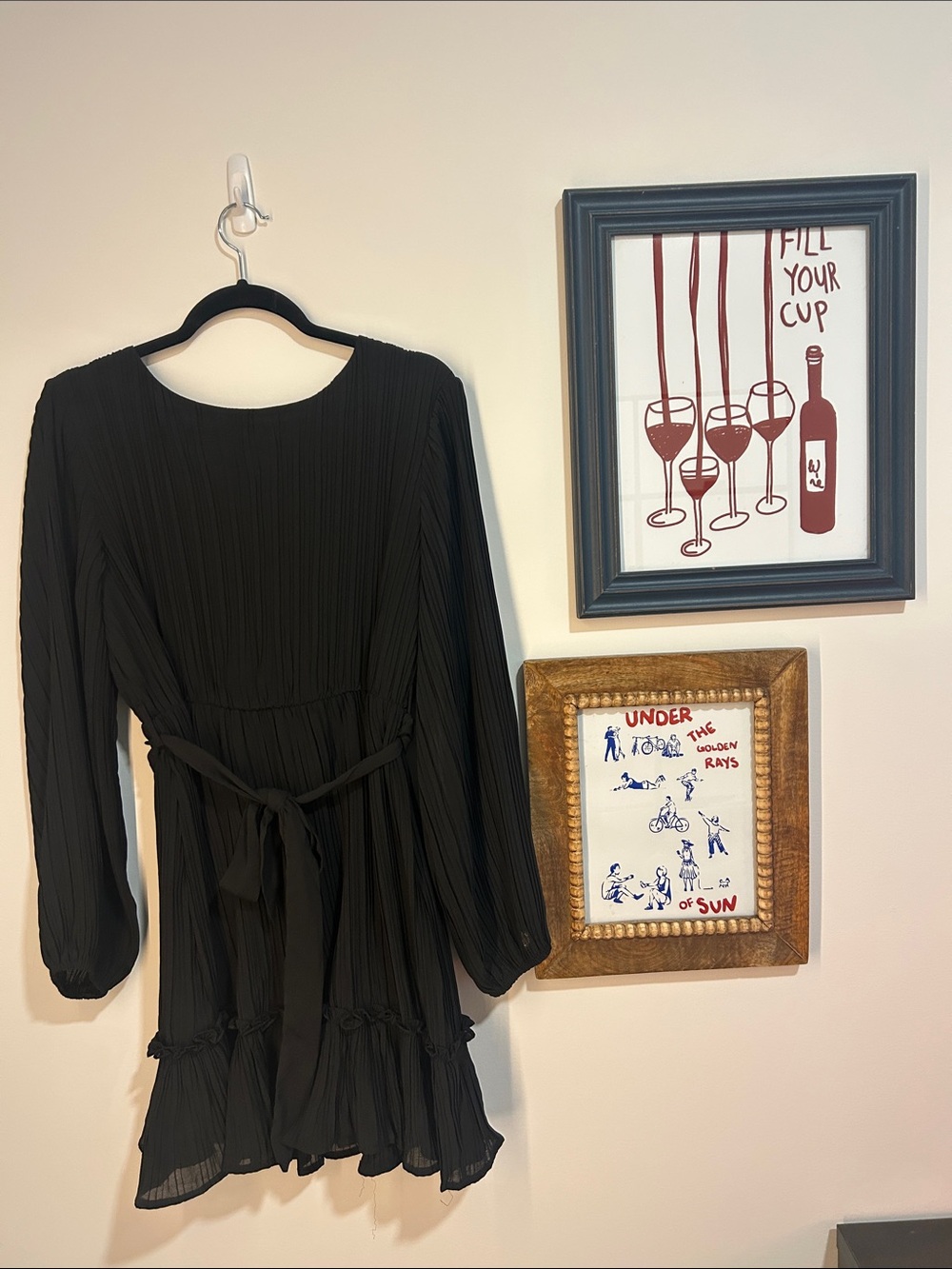 She + Sky Black Pleated Tie-Waist Ruffle Dress